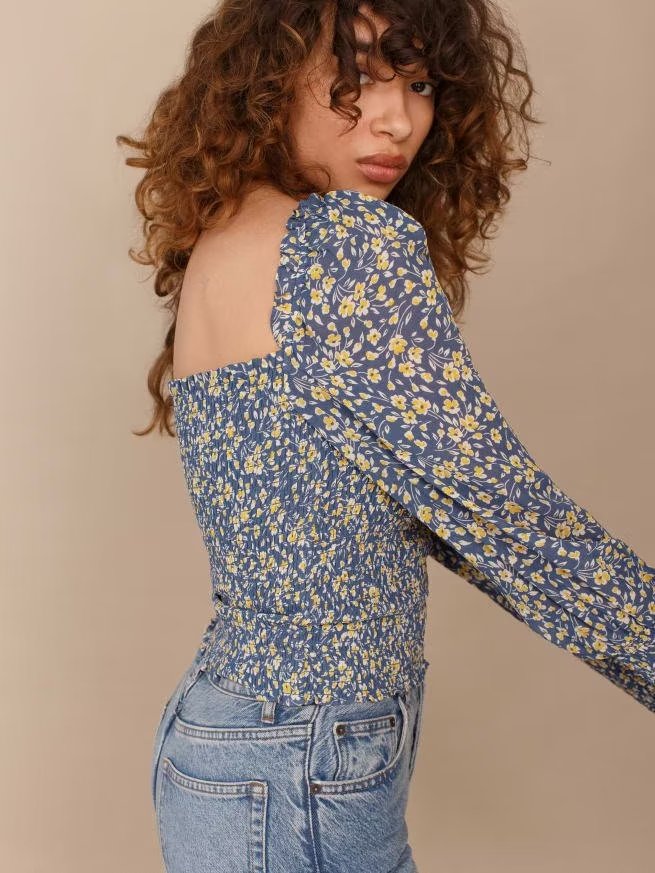 Summer Women French Vintage Floral Printed Square Collar Pleated Elastic Slim Fit Bishop Sleeves Top Bella Mia