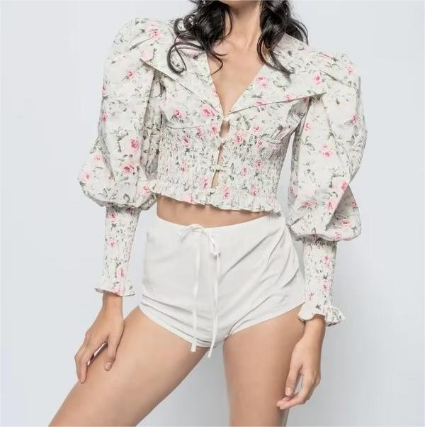 Autumn Blogger Floral Large Collared Single Elasticated Waist Lantern Sleeve Long Sleeve Shirt Bella Mia