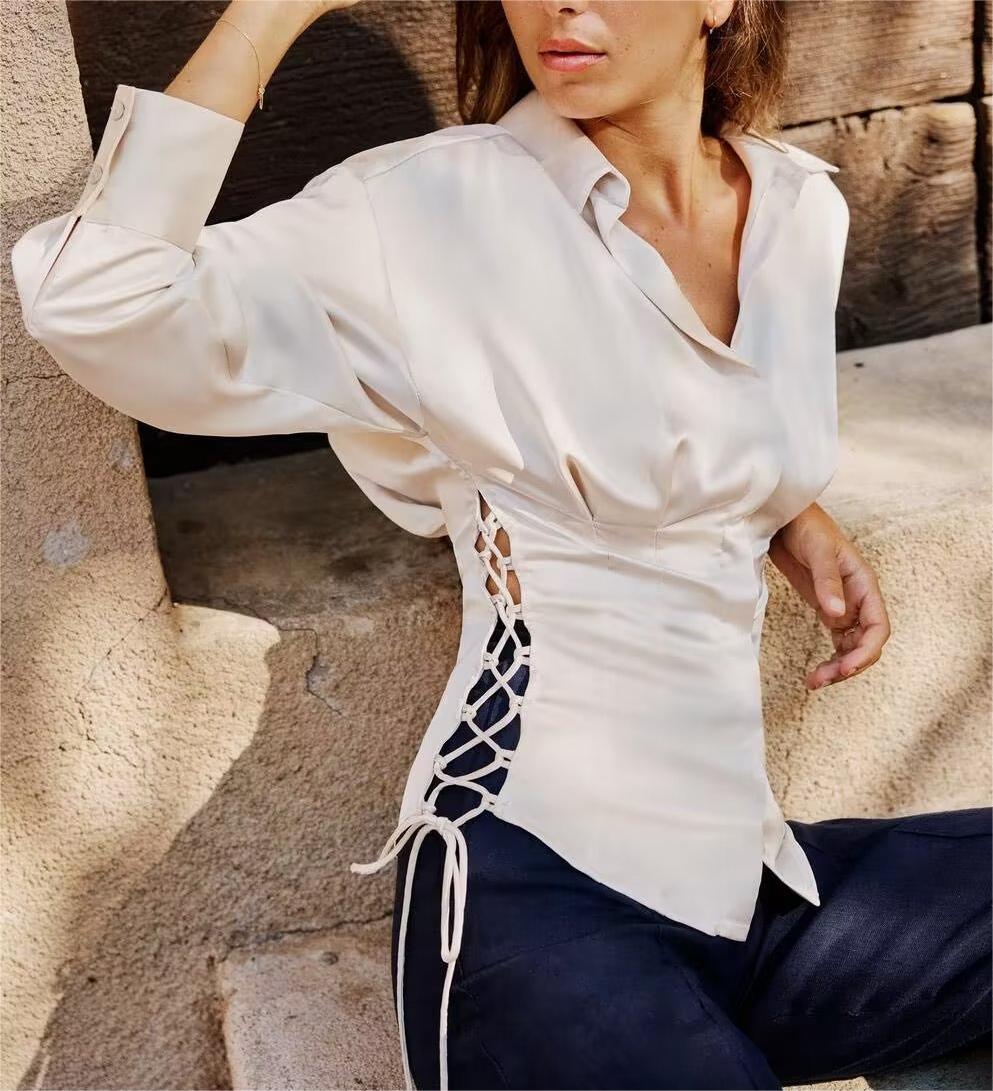Bella Mia autumn women's long sleeve satin shirt with lace-up front, slim fit design and elegant style.