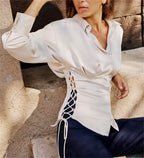 Bella Mia autumn women's long sleeve satin shirt with lace-up front, slim fit design and elegant style.