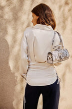 Bella Mia autumn women’s long sleeve satin shirt with lace-up front, slim fit, and elegant design, perfect for stylish fall outfits.