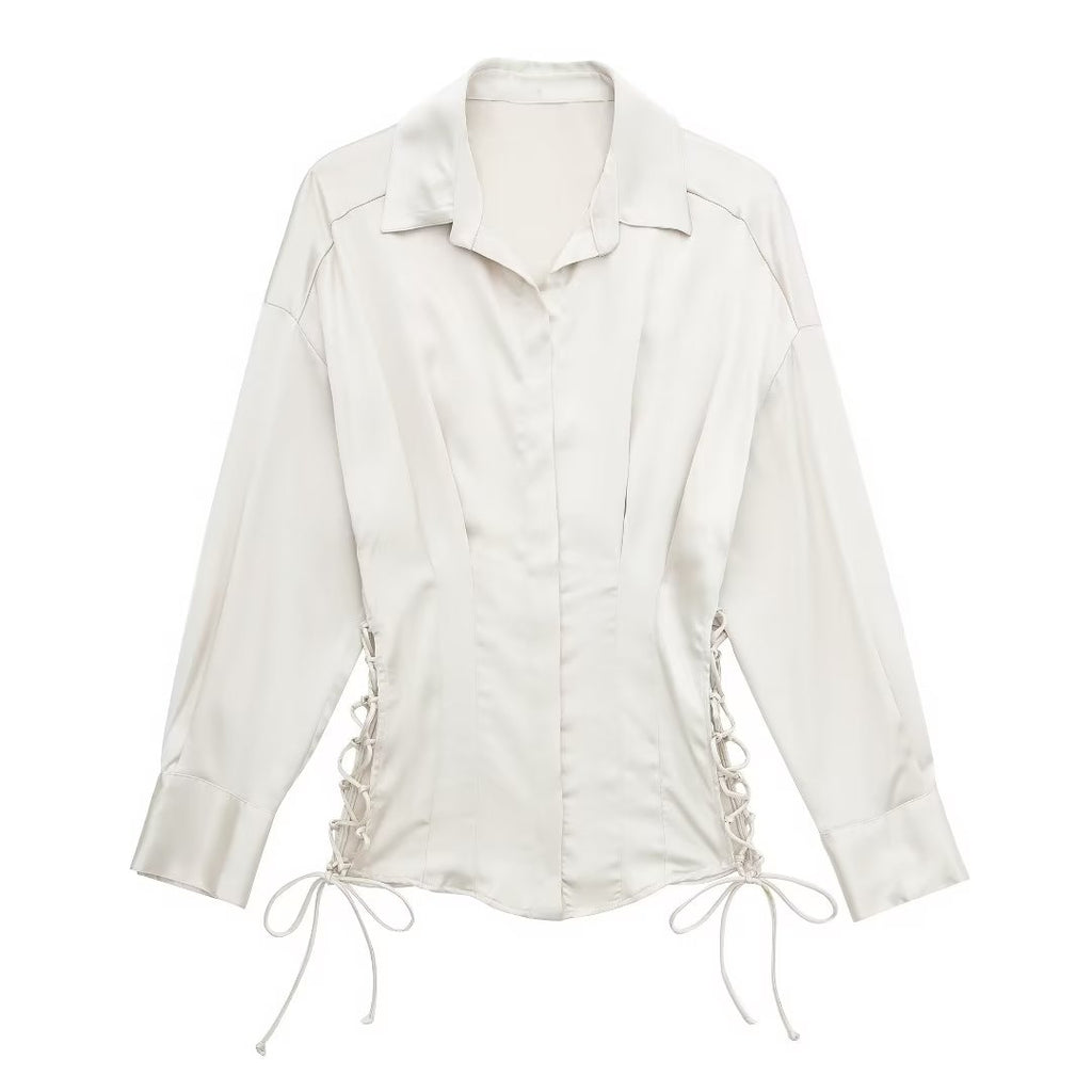 Bella Mia autumn women's long sleeve satin shirt with lace-up front, slim fit design, ideal for stylish fall outfits.