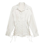 Bella Mia autumn women's long sleeve satin shirt with lace-up front, slim fit design, ideal for stylish fall outfits.