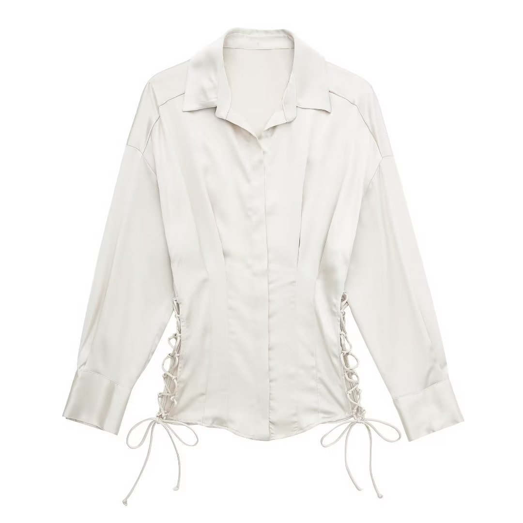 Bella Mia autumn women's long sleeve satin shirt with lace-up front, slim fit design, ideal for stylish fall outfits.