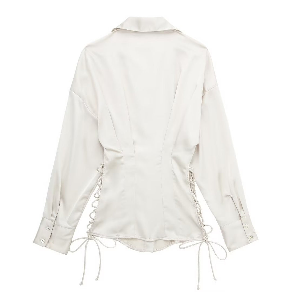 Bella Mia autumn women’s long sleeve satin shirt with lace-up front, slim fit design, perfect for stylish fall outfits.