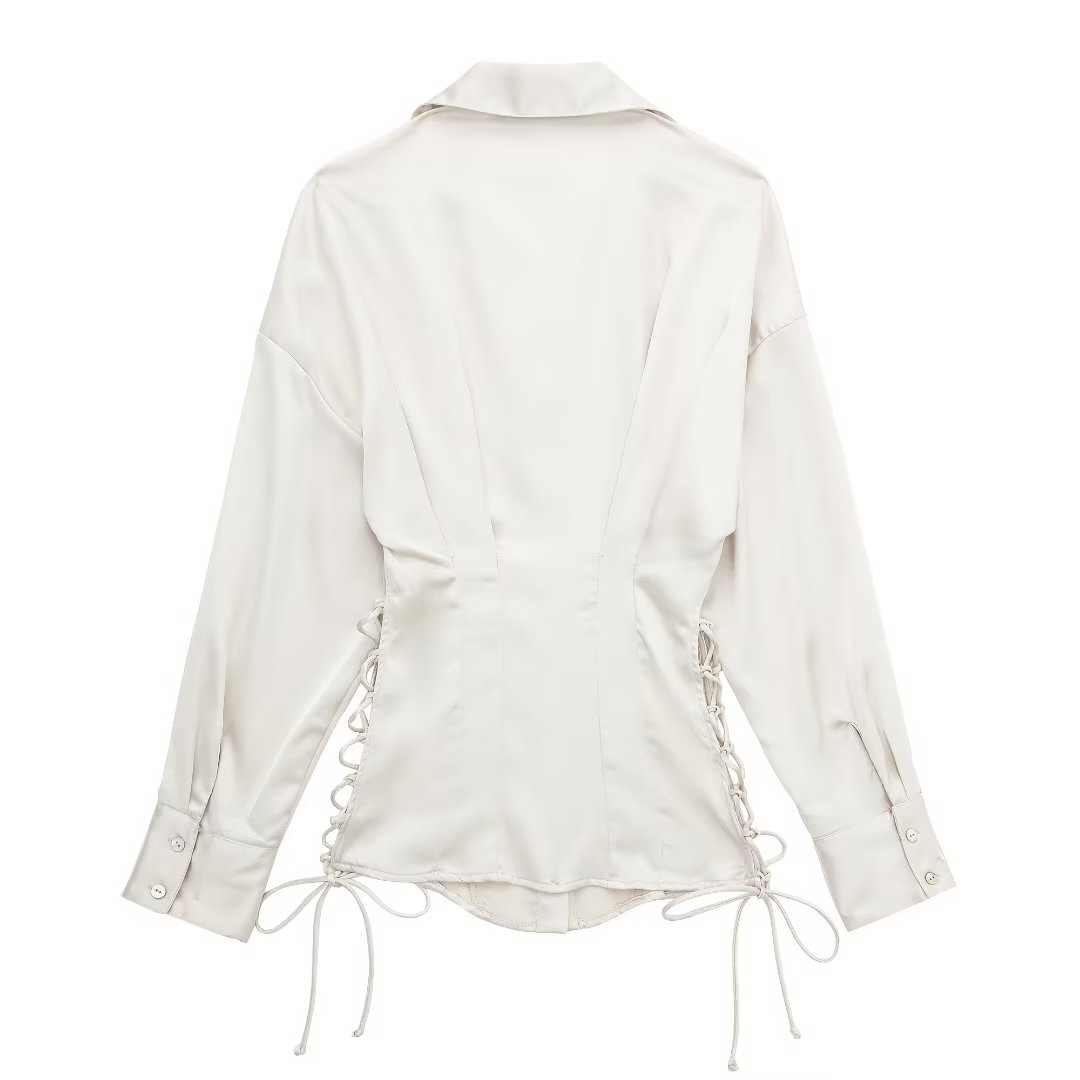 Bella Mia autumn women’s long sleeve satin shirt with lace-up front, slim fit design, perfect for stylish fall outfits.