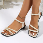 Pearl-embellished open toe low heel sandals from Trendsi, elegant women's comfort footwear with stylish design and open toe feature.