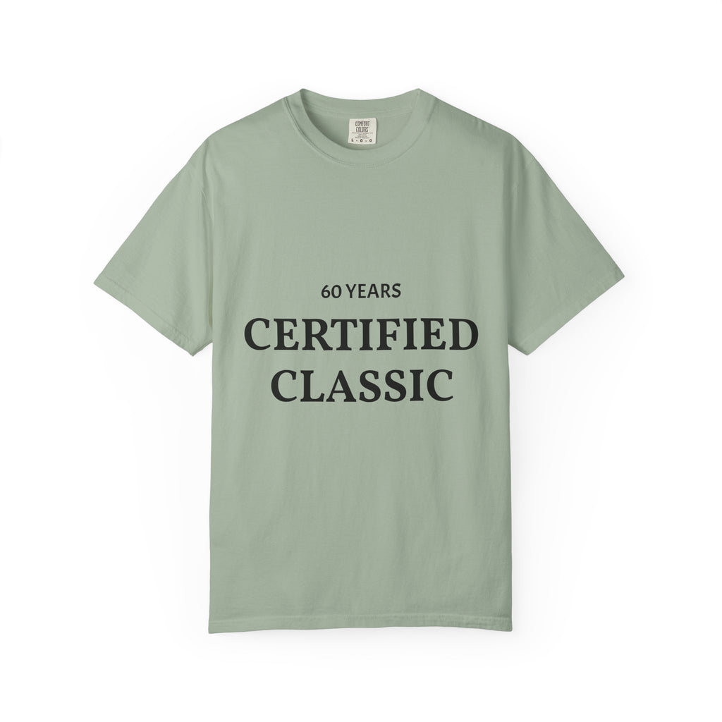 White Certified Classic 60 Years T-Shirt by Printify with vintage logo design on front, made from soft cotton fabric.