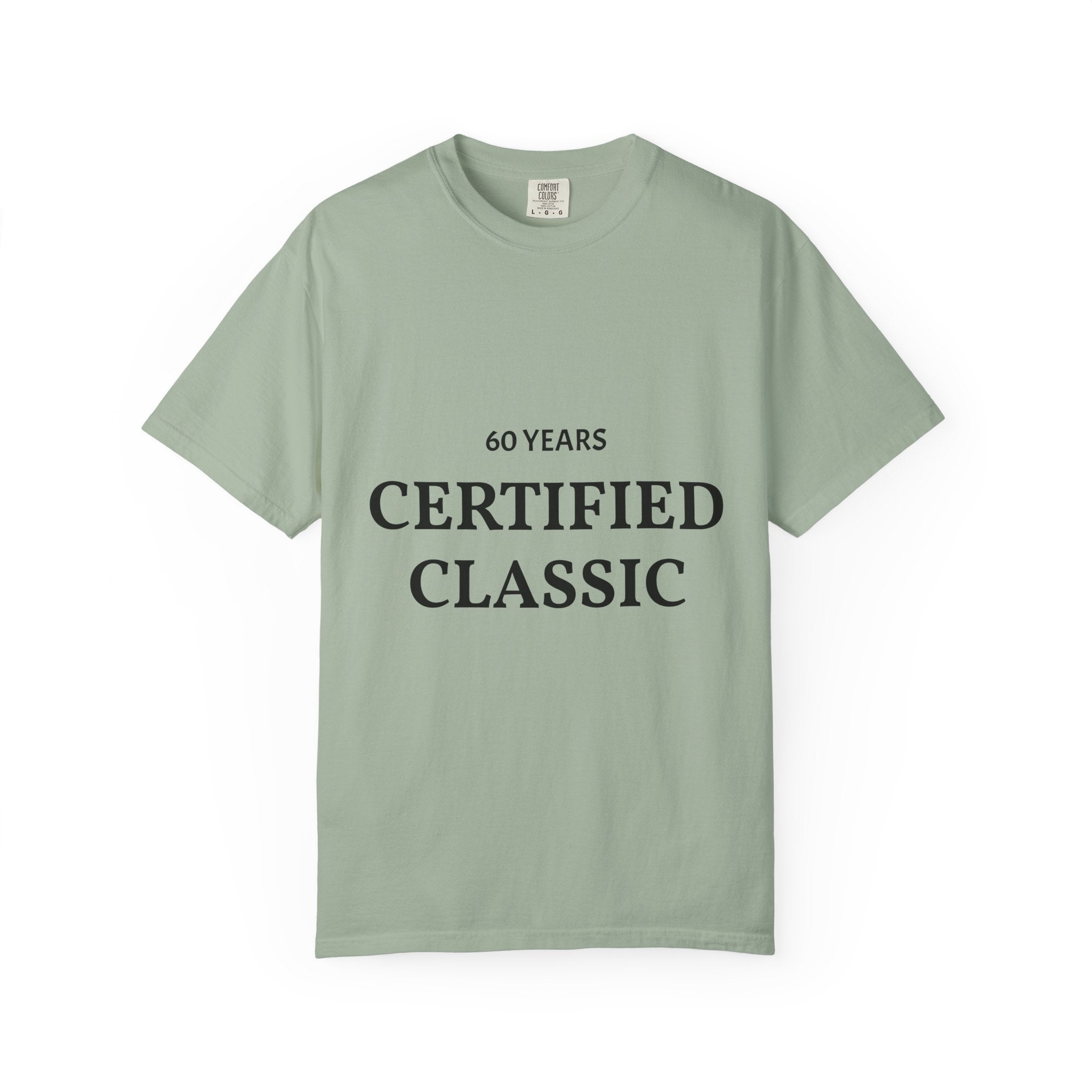 White Certified Classic 60 Years T-Shirt by Printify with vintage logo design on front, made from soft cotton fabric.