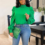 Bella Mia women's long sleeve lace-up top with stand-up collar, puff sleeves, and solid color design for four seasons.