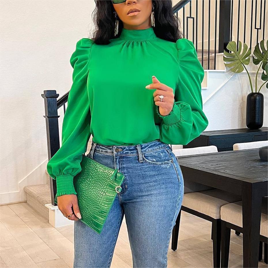 Bella Mia women's long sleeve lace-up top with stand-up collar, puff sleeves, and solid color design for four seasons.