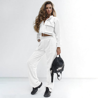 Autumn Winter Solid Color Zipper Double Bag Drawstring Long Sleeve Top Casual Trousers Suit Women Bella Mia