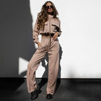 Bella Mia women's autumn winter casual suit with solid color long sleeve zipper top and matching drawstring trousers.