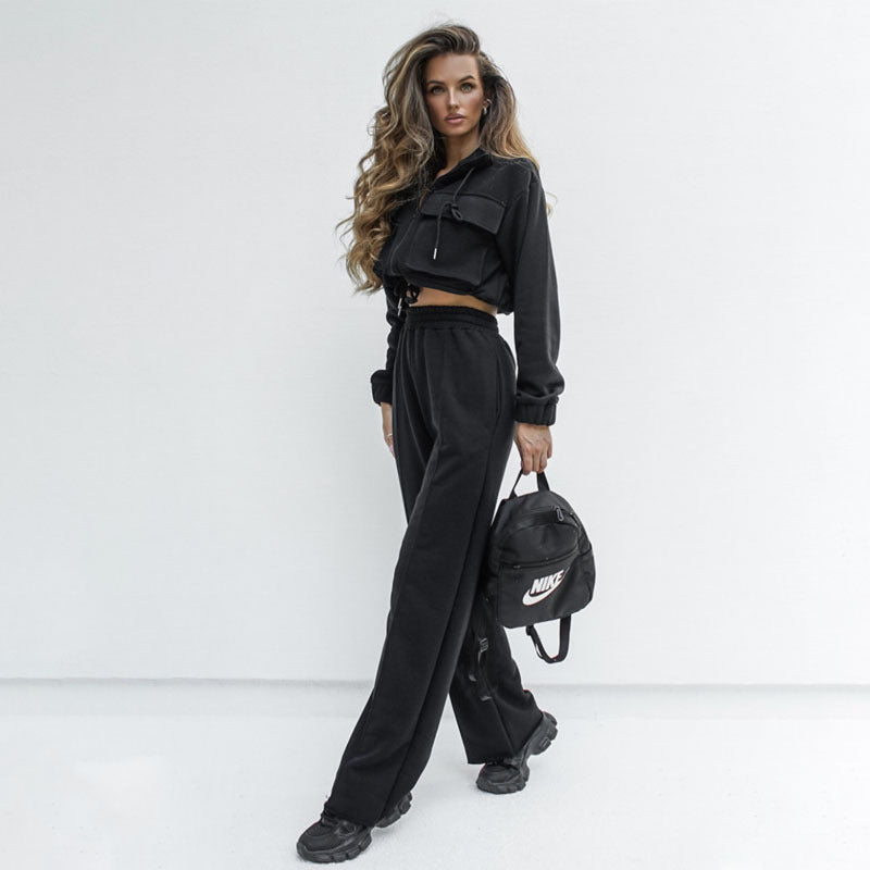 Bella Mia women's autumn winter solid color zipper double bag drawstring long sleeve top with casual trousers, stylish and comfortable.