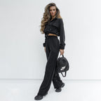 Bella Mia women's autumn winter solid color zipper double bag drawstring long sleeve top with casual trousers, stylish and comfortable.