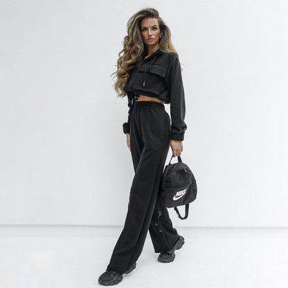 Autumn Winter Solid Color Zipper Double Bag Drawstring Long Sleeve Top Casual Trousers Suit Women Bella Mia