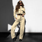 Bella Mia autumn winter solid color zipper double bag drawstring long sleeve top with casual trousers, stylish women's suit ensemble.