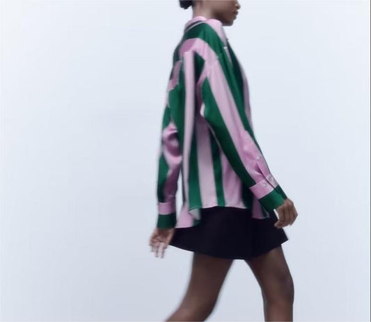 Autumn Elegant Collared Long Sleeve Striped Single Breasted Shirt for Women Bella Mia