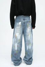 Denim painting jeans with pockets by Plush Fashion Shop, featuring artistic painted designs on the classic denim jeans.