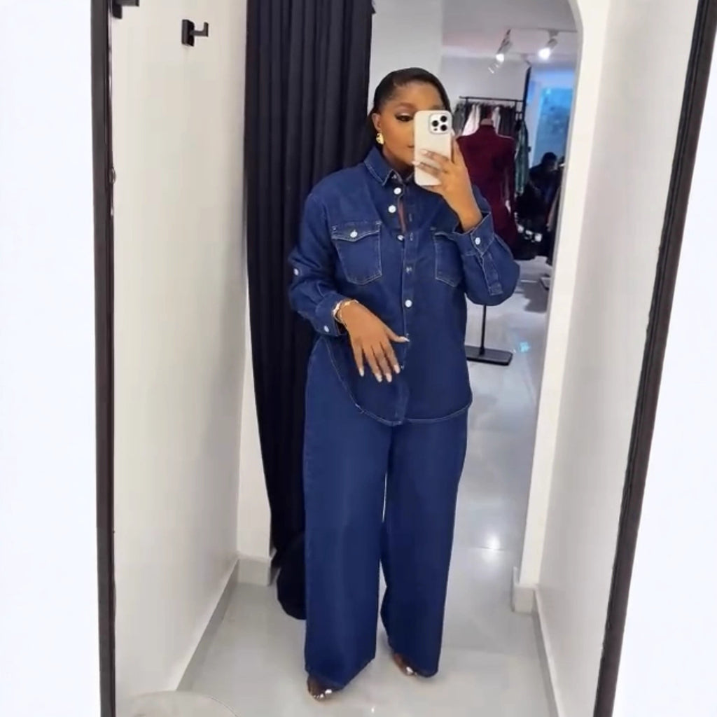 Vintage Denim Long Sleeve Shirt and Straight Leg Pants Two-Piece Set