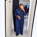 Vintage Denim Long Sleeve Shirt and Straight Leg Pants Two-Piece Set