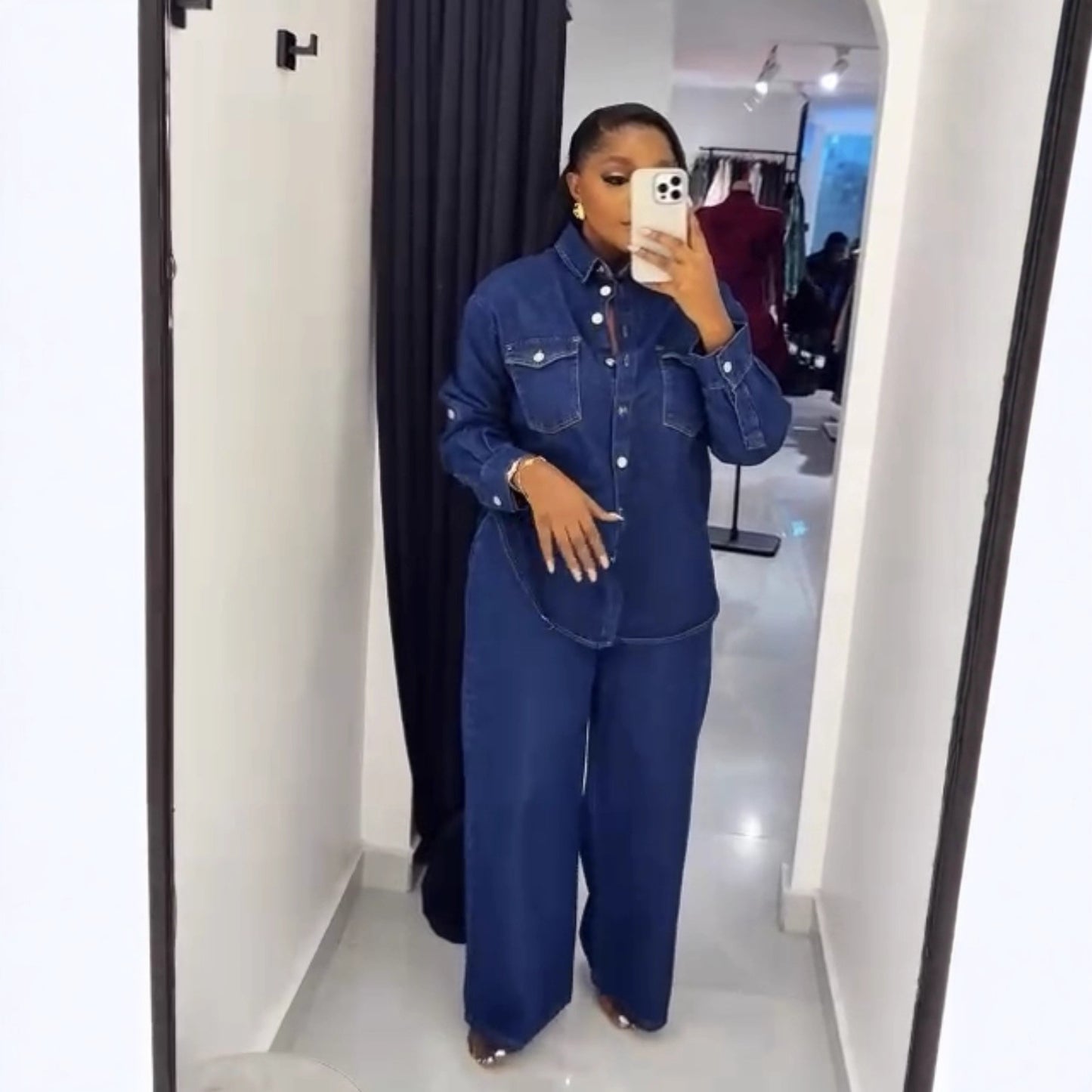 Vintage denim long sleeve shirt and straight leg pants two-piece set by Plush Fashion Hub, styled for casual wear.