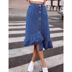 Women’s casual high waist denim skirt by Wanita Store, slim fit, trendy, all-matching style with front pockets and button closure.