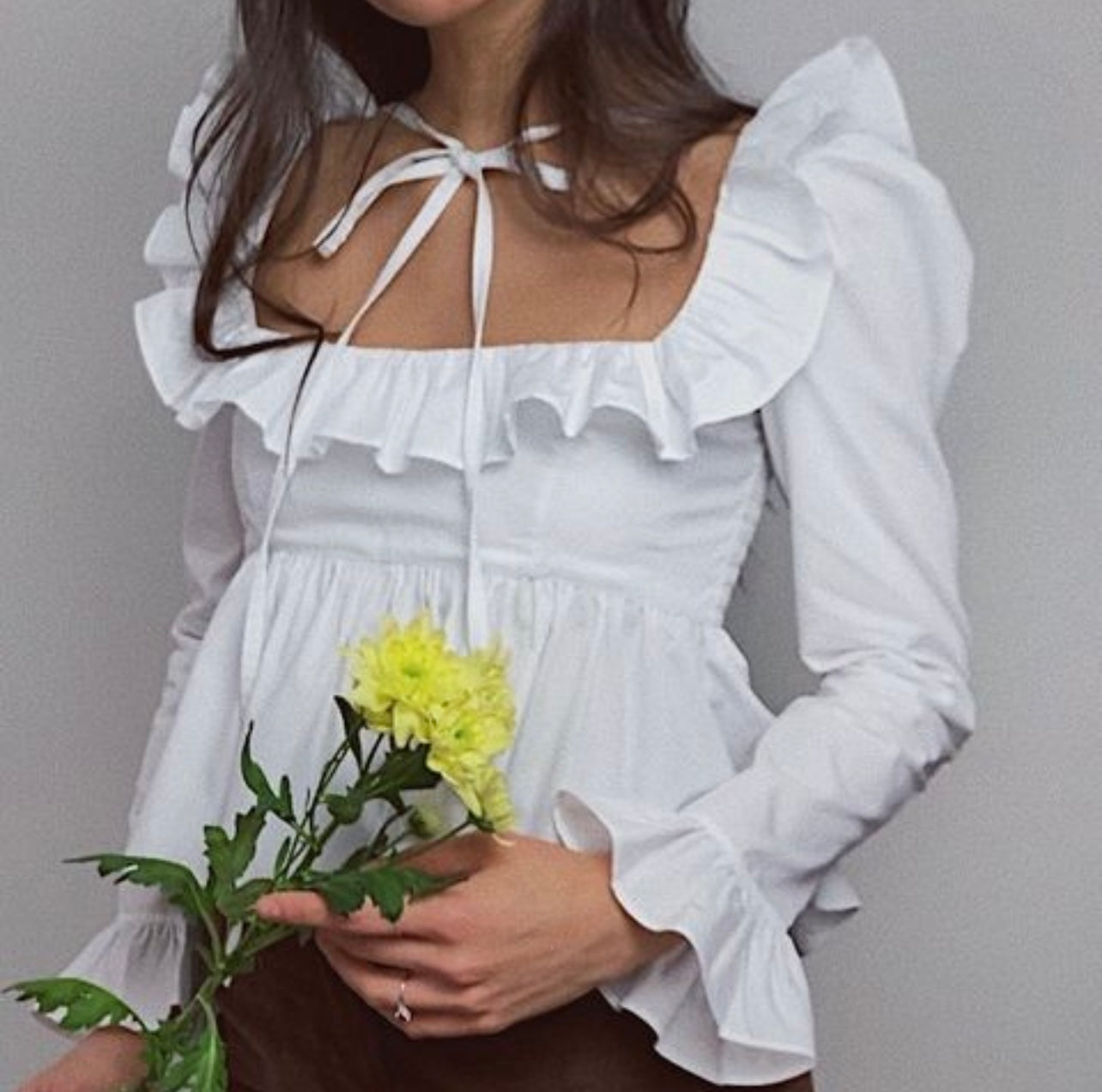 Bella Mia summer wind long sleeve ruffled shirt for women in solid color, featuring a stylish and lightweight design.