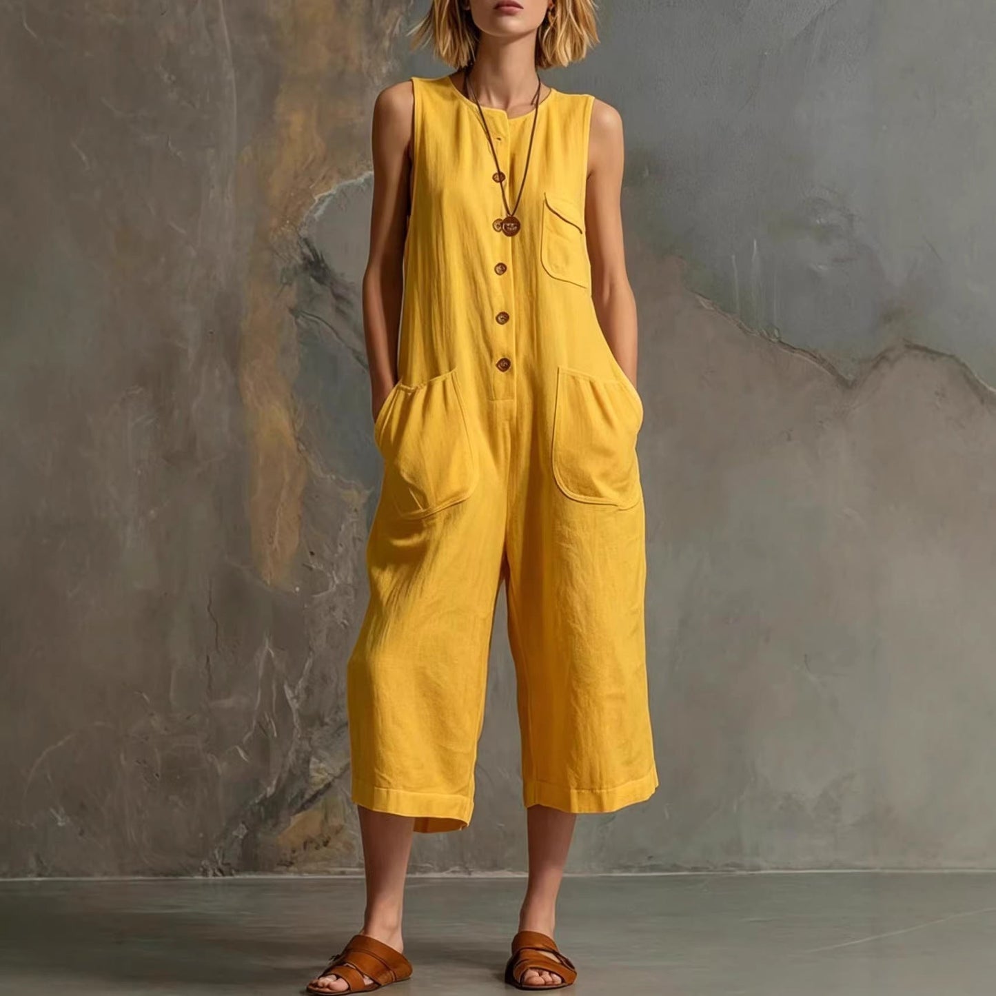 Retro sleeveless cotton-linen wide-leg cropped jumpsuit by Plush Fashion Hub, featuring a relaxed fit and stylish design.