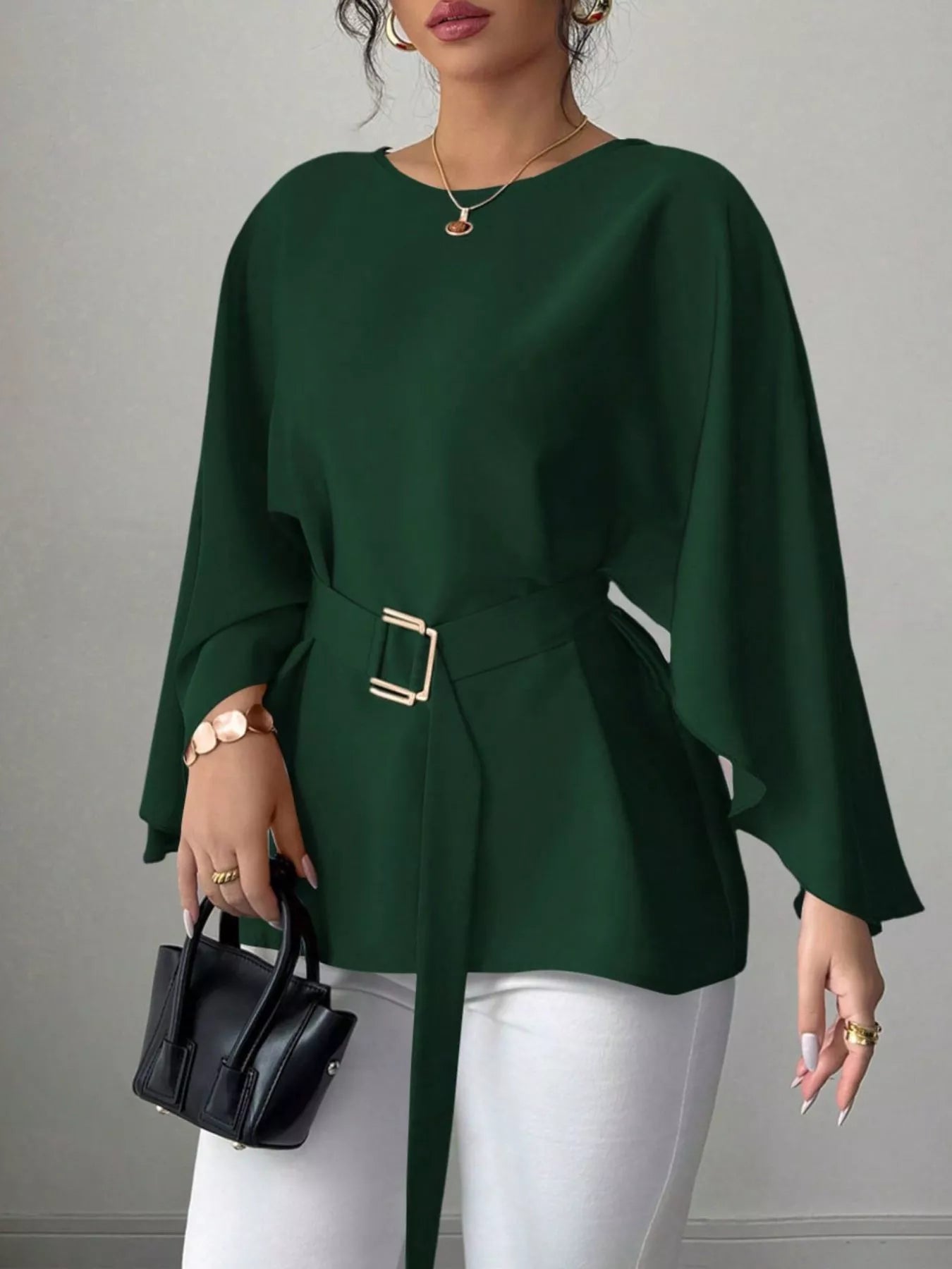 Black batwing sleeve belted blouse from Shopimist, featuring a flowy fit and stylish design, displayed on a mannequin.