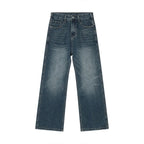 Plush Fashion Shop denim bootcut jeans with front and back pockets, classic blue wash, stylish and comfortable fit.