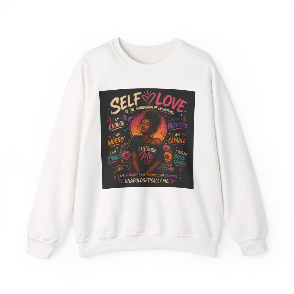 Self Love Crewneck Sweatshirt by Printify featuring an empowerment graphic design on a cozy pullover.