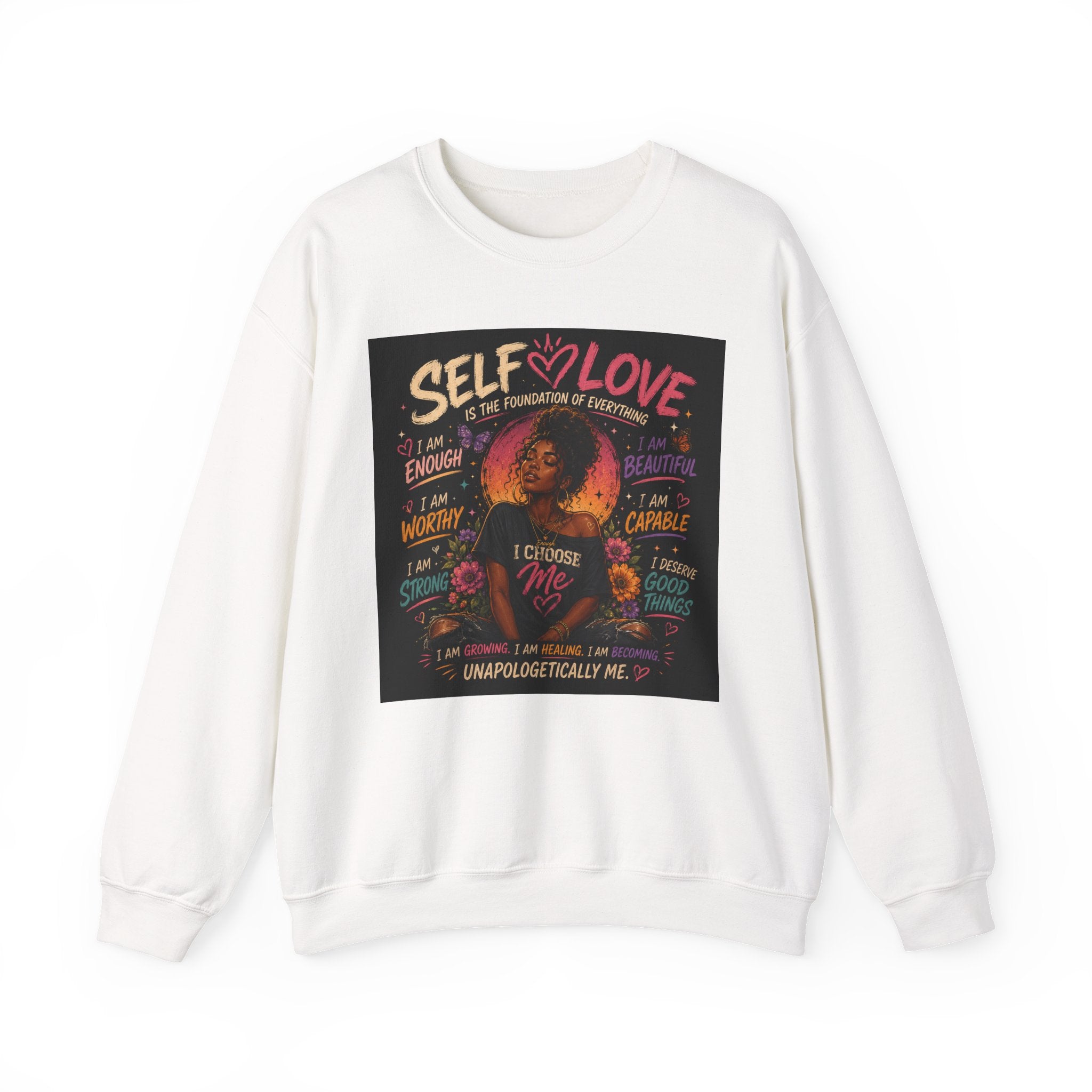 Self Love Crewneck Sweatshirt by Printify featuring an empowerment graphic design on a cozy pullover.