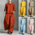 FitiqueFit three-quarter sleeve shirt and loose trousers two-piece set, casual and comfortable clothing for women.