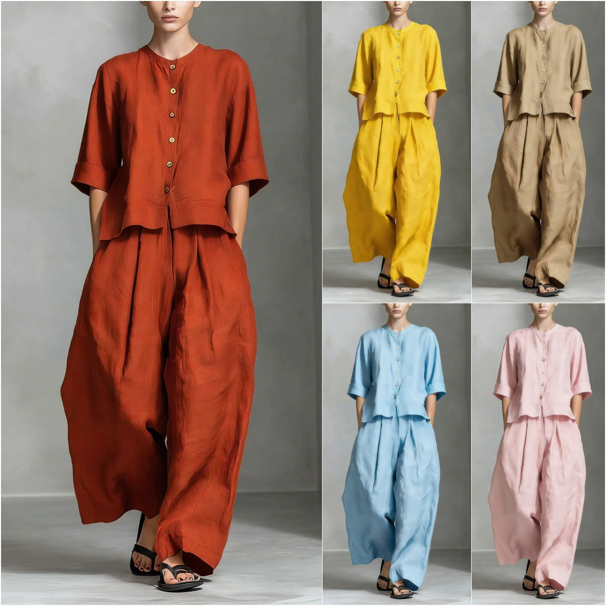 FitiqueFit three-quarter sleeve shirt and loose trousers two-piece set, casual and comfortable clothing for women.