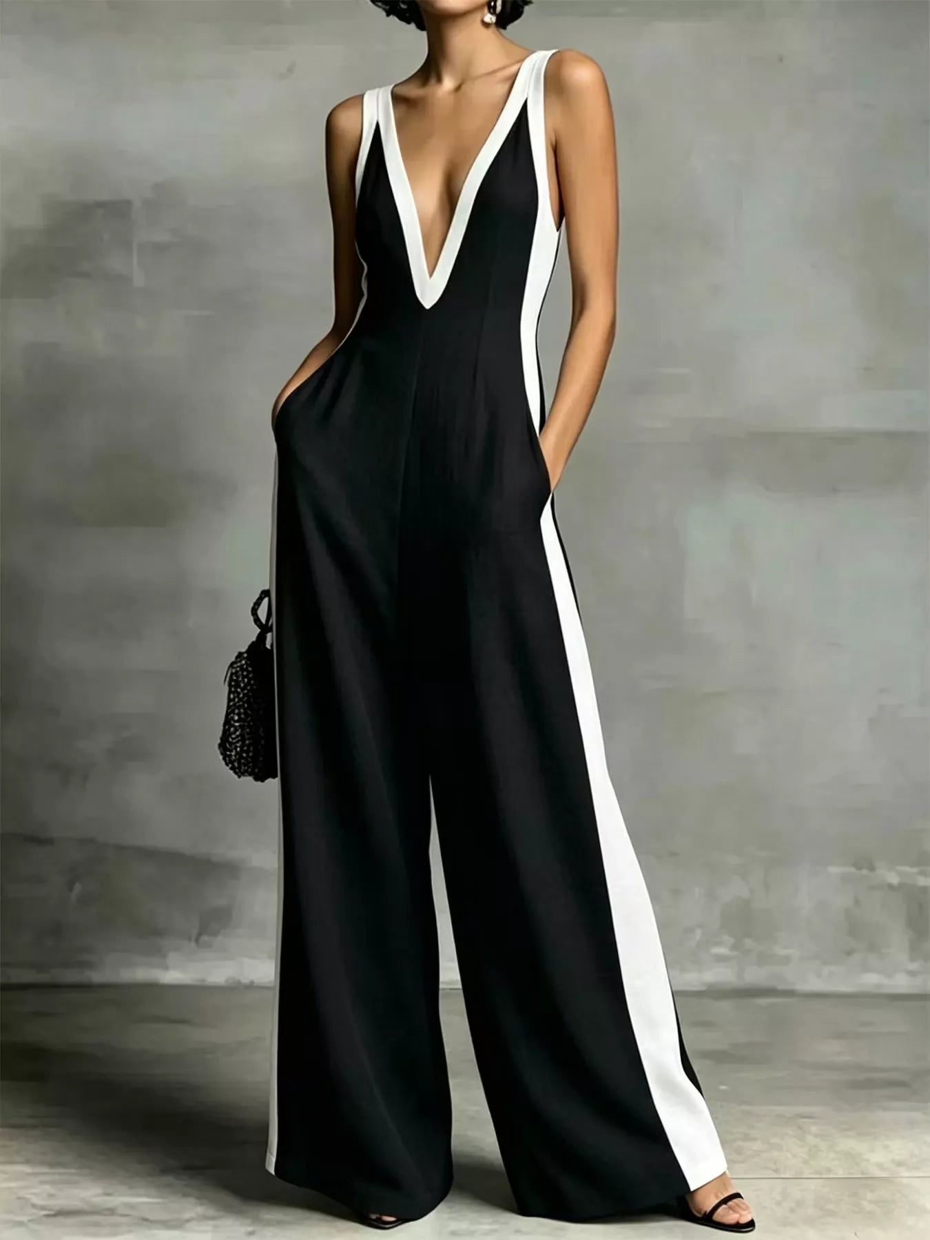 Deep V-neck wide-leg jumpsuit with contrast trim from Shopimist, featuring a stylish neckline and relaxed fit.