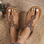 Bohemian rhinestone beaded thong sandals with elastic ankle strap, flat trendy shoes by Trendsi, perfect for casual summer wear.