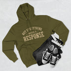 Black hoodie from Wear Your Worship's Not Everything Needs a Response collection with printed text design.