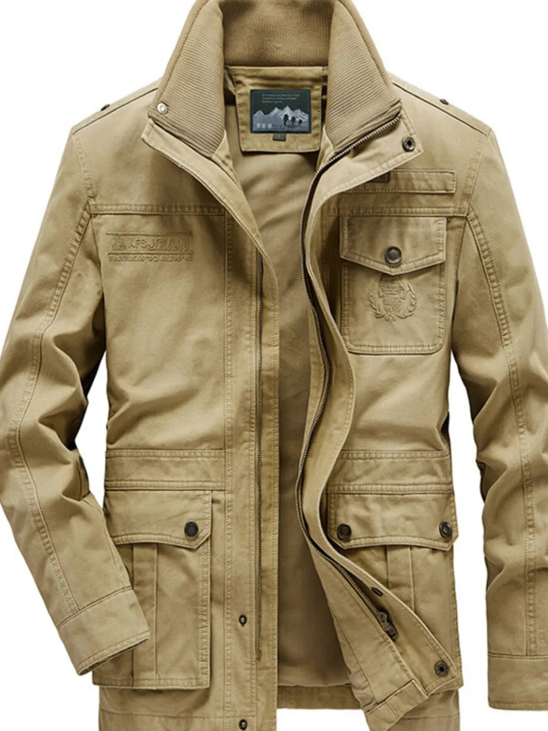 Men's plus size zip-up jacket with pockets, Trendsi outerwear, showing front view with zipper and pocket details.