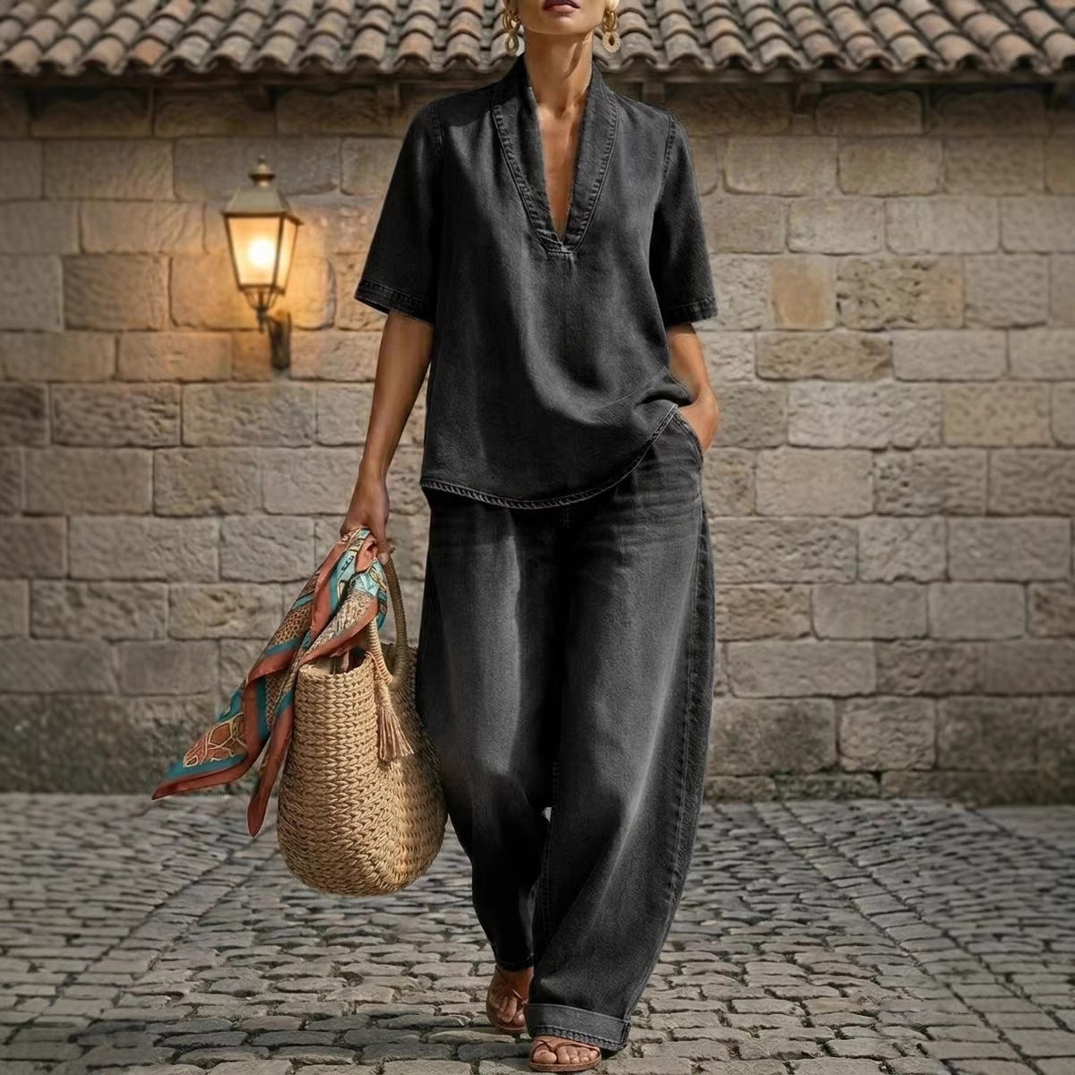 FitiqueFit retro V-neck washed denim top and wide-leg pants set in three colors, casualwear for sizes S–3XL.