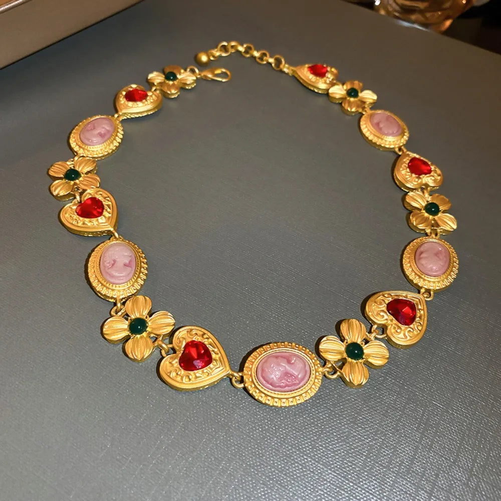 Copper inlaid rhinestone necklace with intricate design, showcasing sparkling rhinestones and polished copper accents.