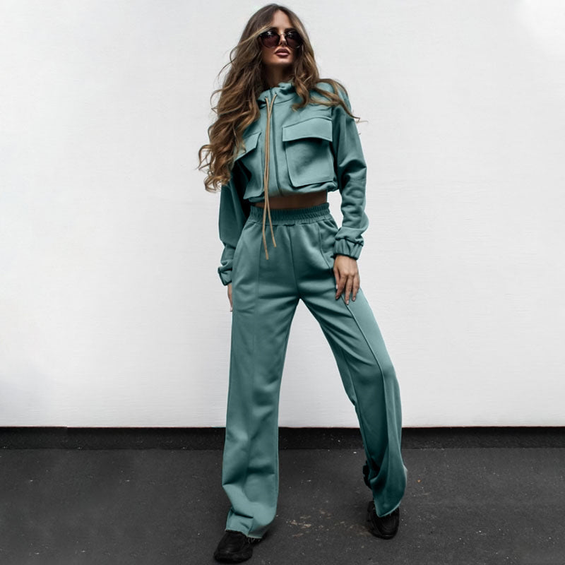 Bella Mia women's autumn winter long sleeve casual top and trousers suit with solid color zipper double bag and drawstring details.