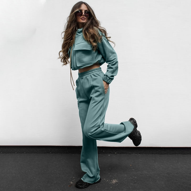 Bella Mia women's autumn winter solid color zippered double bag drawstring long sleeve top and casual trousers suit.