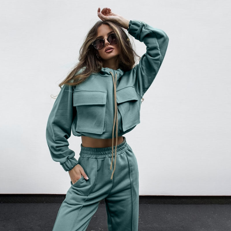 Bella Mia autumn winter women's casual long sleeve top and trousers suit with solid color, zipper double bag, and drawstring details.