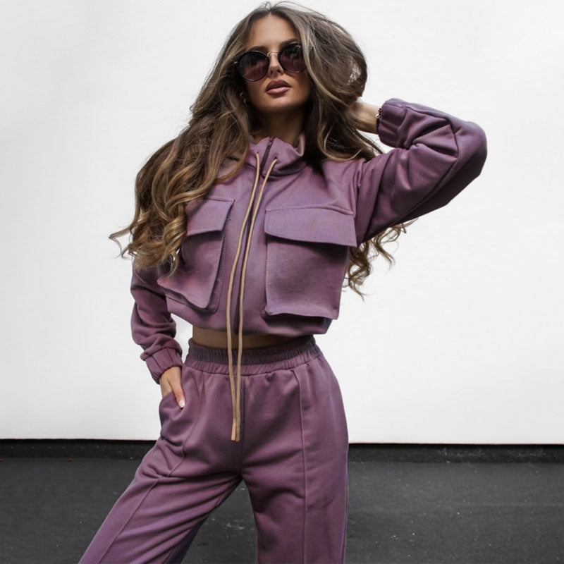 Bella Mia women's autumn winter solid color zip-up long sleeve top and casual trousers suit with drawstring bag, stylish and comfortable outfit.