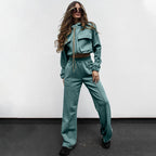 Bella Mia women's autumn winter casual outfit featuring a solid color long sleeve zipper top and matching trousers set.