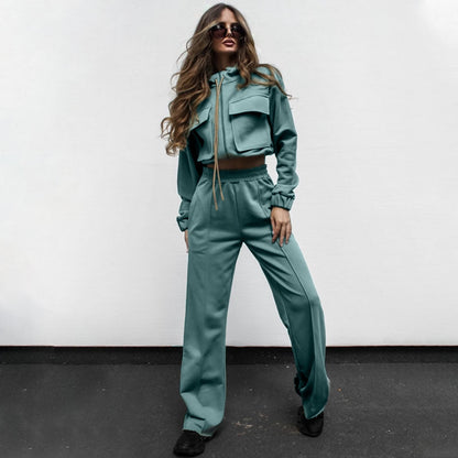 Autumn Winter Solid Color Zipper Double Bag Drawstring Long Sleeve Top Casual Trousers Suit Women Bella Mia
