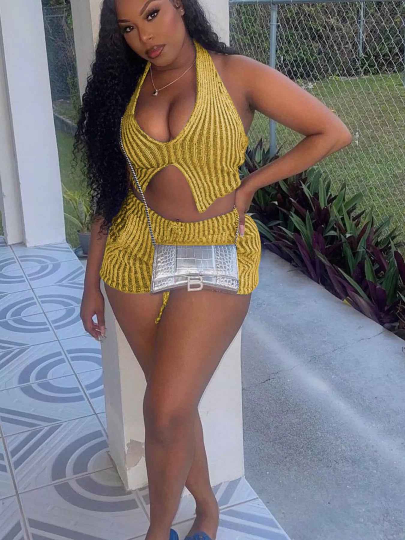 Shopimist halter neck top and shorts sweater set, featuring a stylish two-piece outfit with a halter top and matching shorts.
