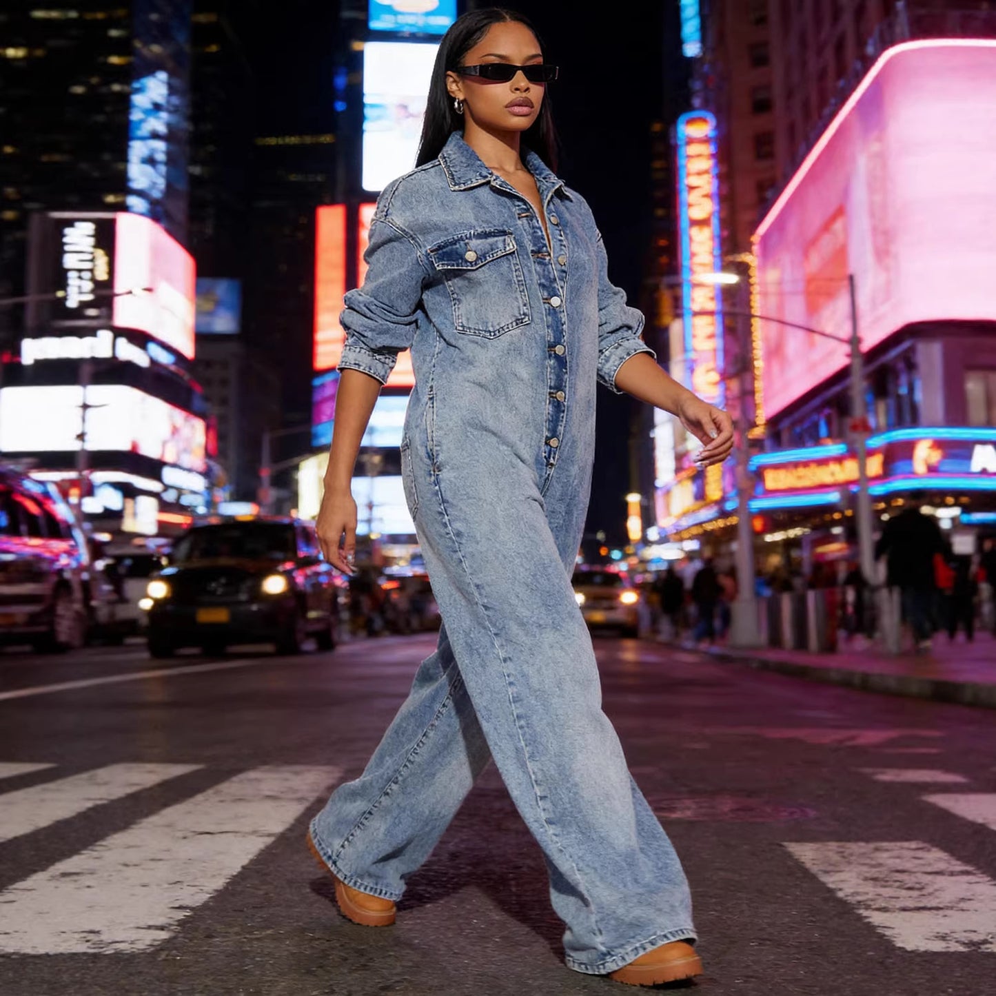 Women's long sleeve denim jumpsuit with button-front closure from Plush Fashion Hub, featuring a fitted style and classic blue denim fabric.