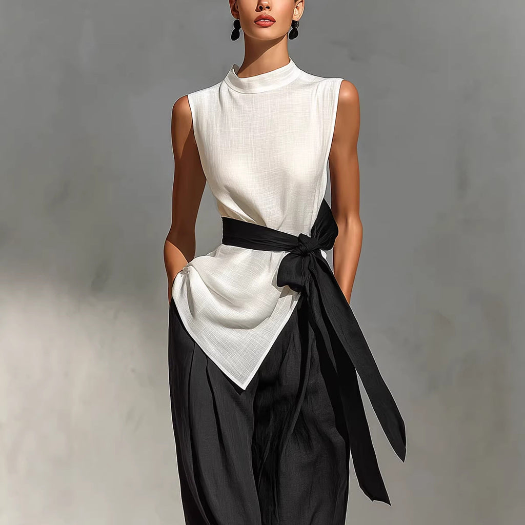 White women's lace-up sleeveless top and wide-leg pants two-piece casualwear set by Plush Fashion Hub, shown on a model.